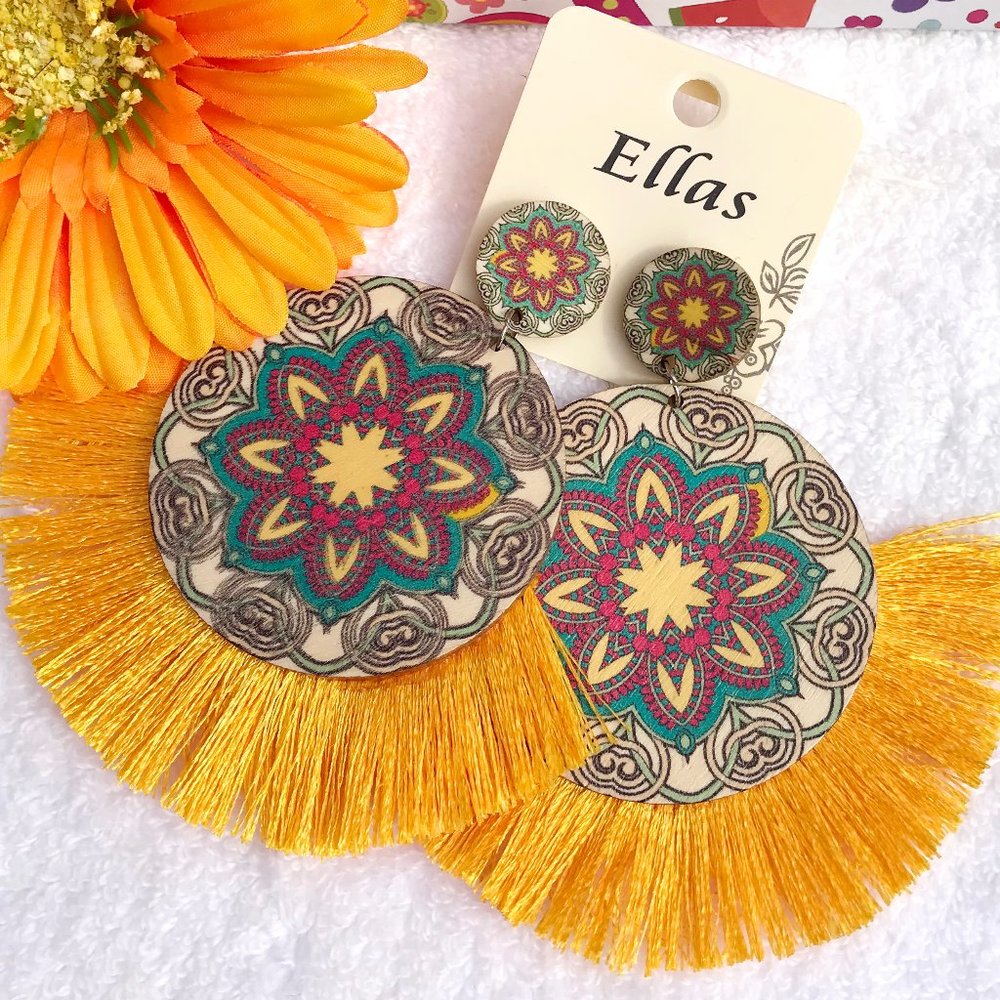 Large Boho Earrings Painted Wood Fan Tassel Posts